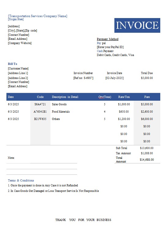Free Transportation Invoice Template PSD template